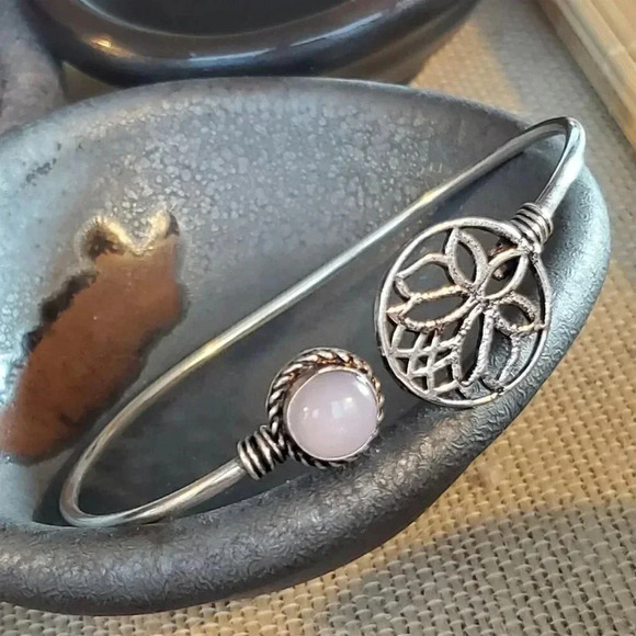 Handcrafted Opalite Gemstone Lotus Circle Sterling Silver Overlay Cuff Bracelet - Picture 4 of 7